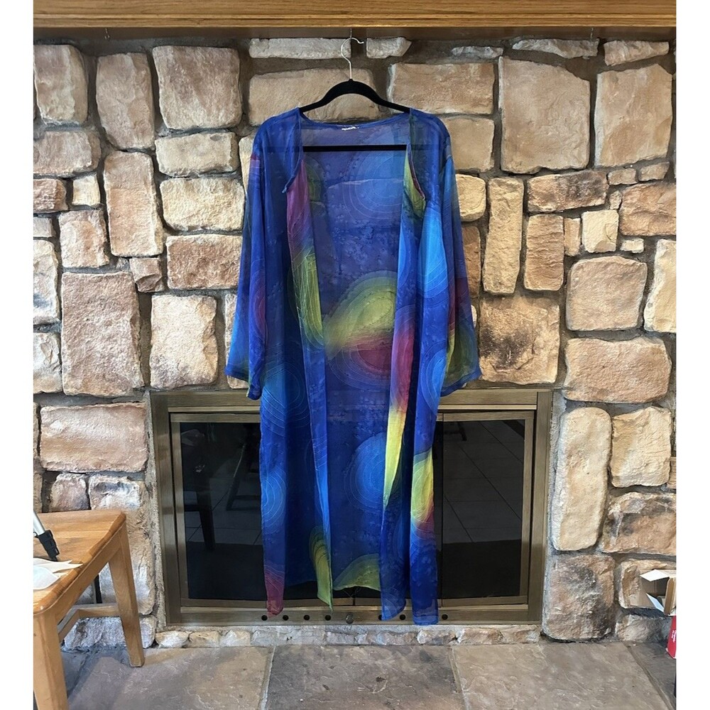 VTG Rainbow Watercolor Blue Sheer Robe Cover OS Women Fairy Boho Indie Festival